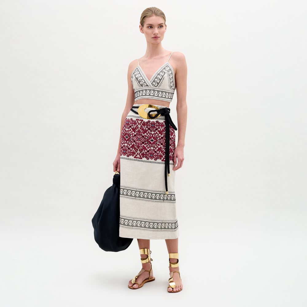ATIRA_SKIRT_-_BURGUNDY_EMBROIDERED_LINEN_Front_PRE-FALL_2025