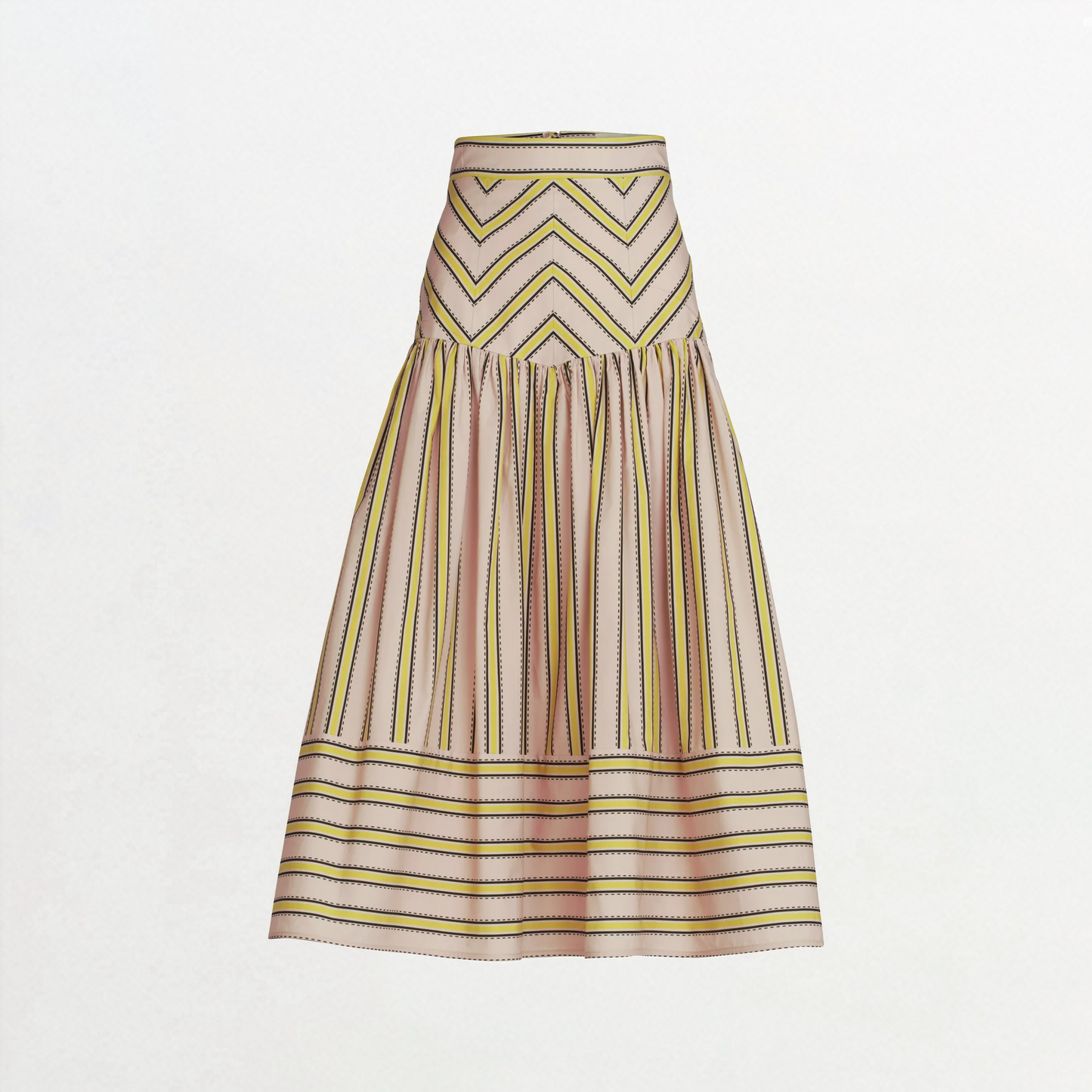 La falda Kristina es una falda midi de talle alto y línea A con silueta acampanada y detalle fruncido bajo la cintura, que luce estampados de galones y rayas amarillas, rosas y negras en un ligero tejido italiano.