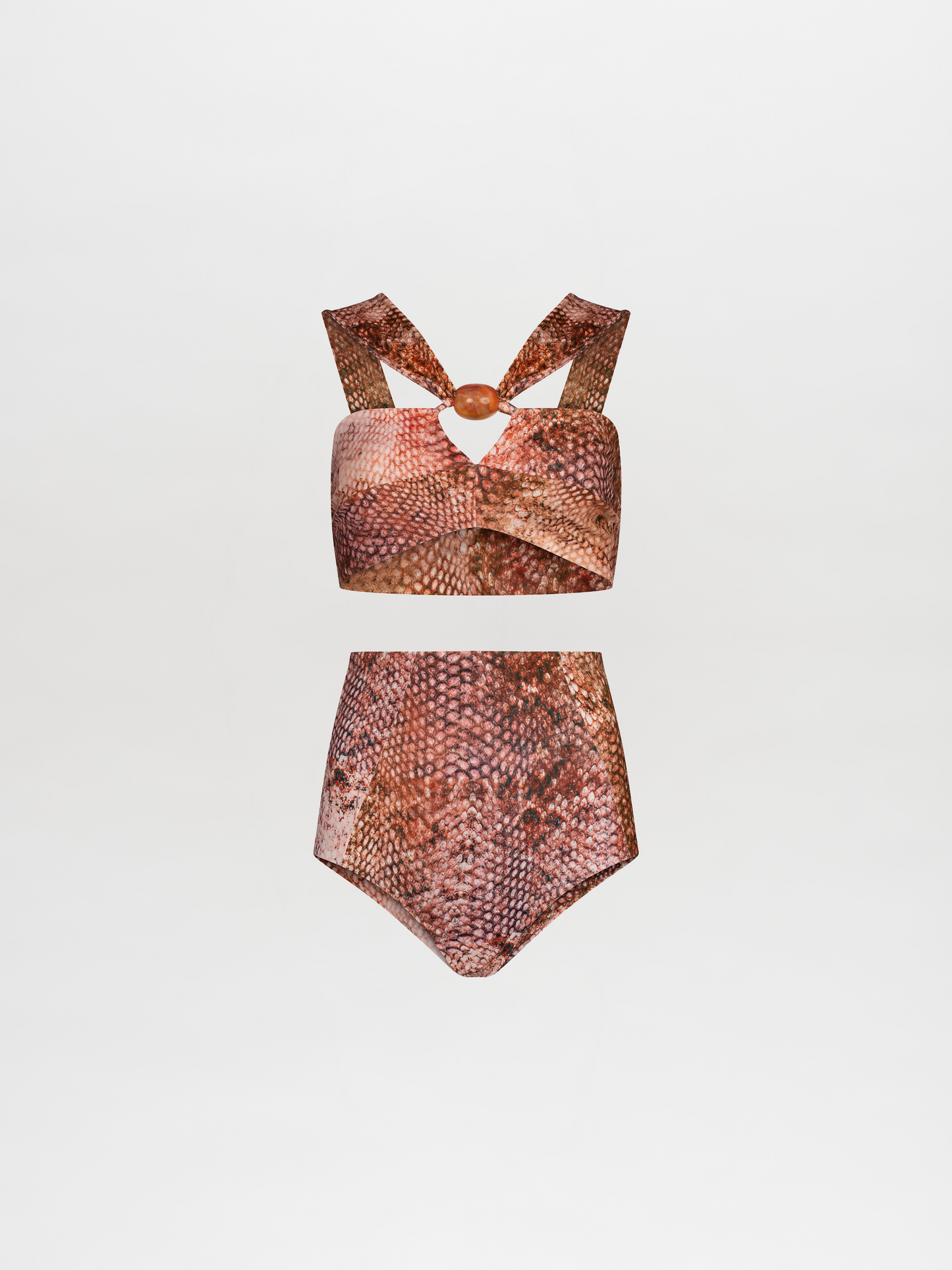 A person wearing an Olga Top & Hilaria Bikini Bottom Peach Animal Print and matching hat, holding a brown bag, standing against a plain background. Pre-order now to ensure arrival by the ship-by date of November 15th, 2024.