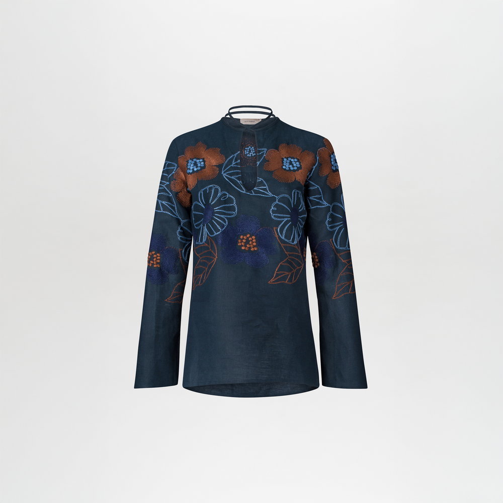 Blusa Tosca Navy Ochre Flower Embroidery