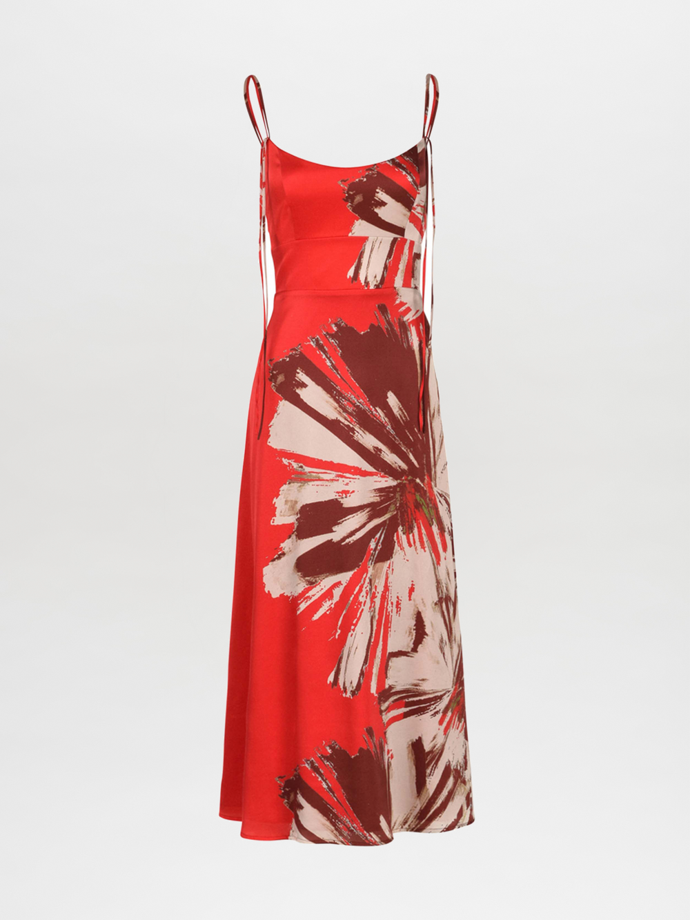 El Vestido Lizzo Pinceladas Florales Marrón Escarlata es un vestido midi rojo sin mangas con tirantes finos, que presenta un gran estampado floral abstracto en beige y marrón en la falda y el cuerpo, que se muestra sobre un fondo blanco liso.