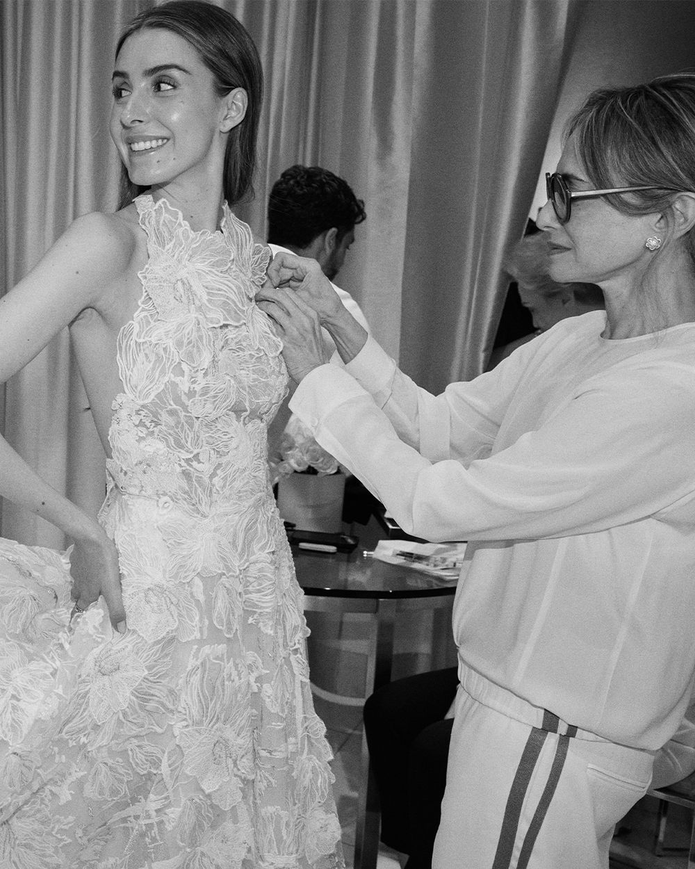 Designer-Adjusts-Floral-Lace-a-Model
