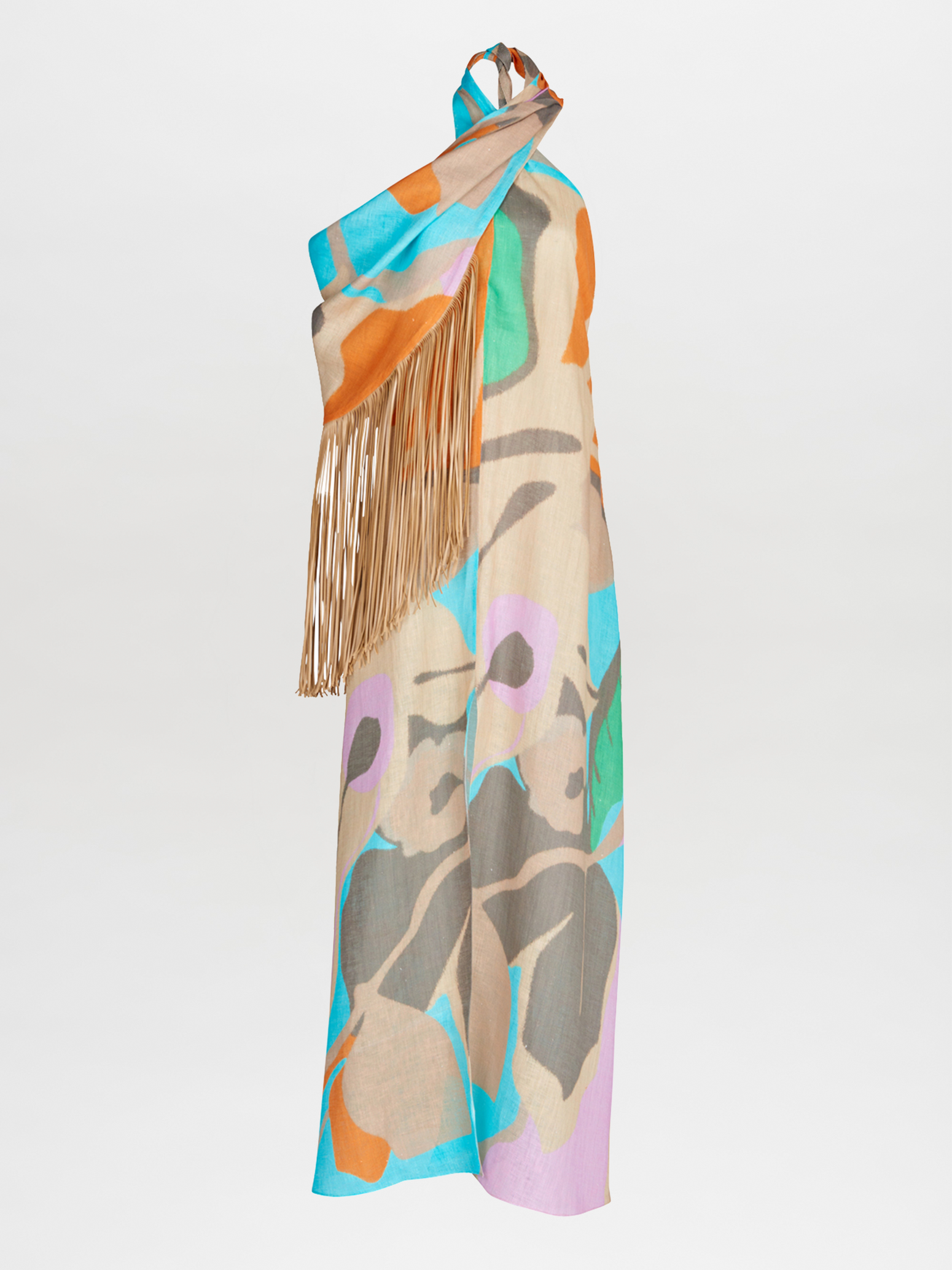 La túnica Florence Pastel Multi Swirls es un vestido largo sin mangas con un estampado abstracto en azul, naranja, beige, verde y rosa. Presenta un fleco beige único sobre el hombro y una elegante espalda abierta, que se destaca sobre un fondo blanco liso.