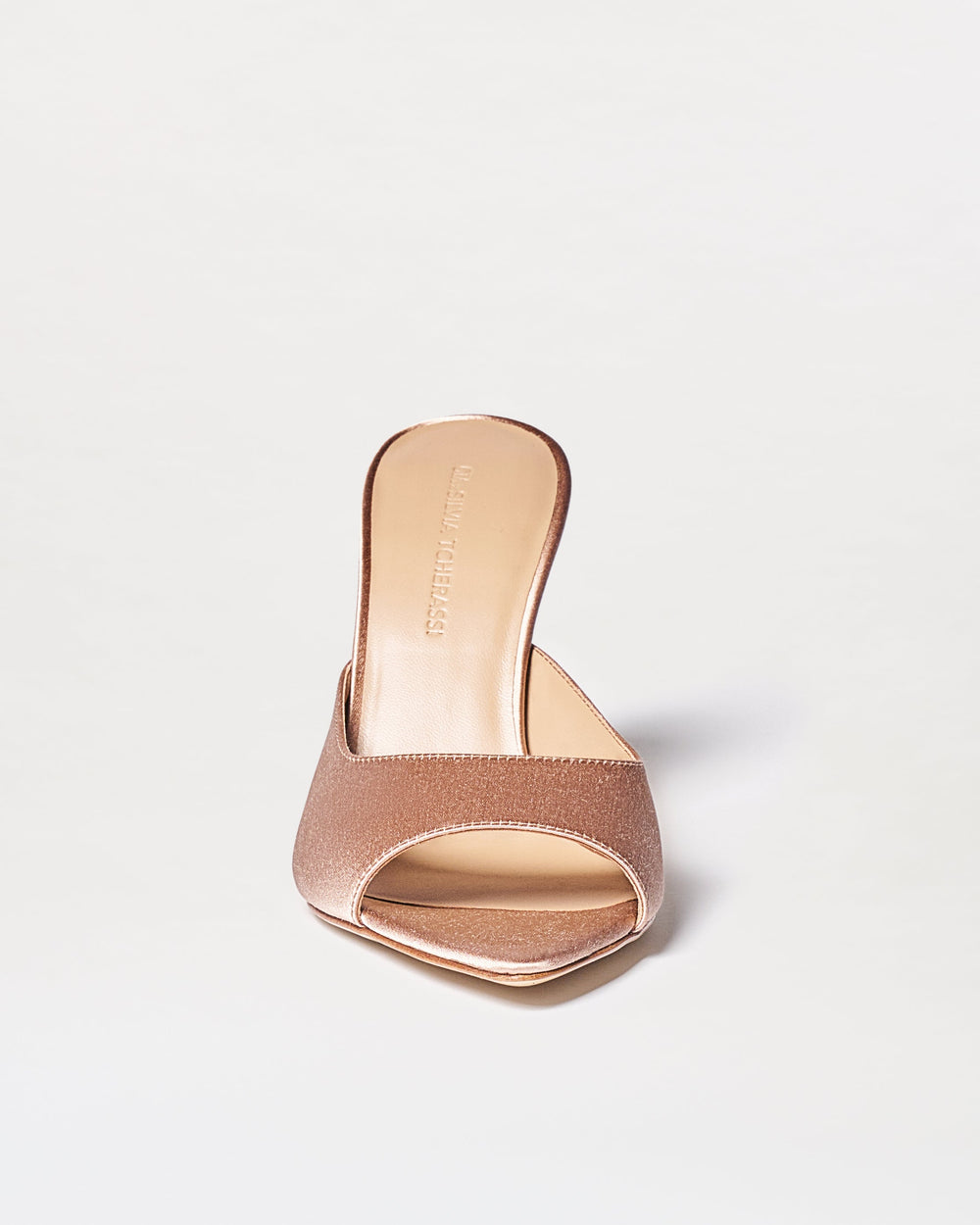 The Perni Heels, a single nude-colored, open-toe high-heeled mule with a textured finish, is centered on a plain white background and faces forward.