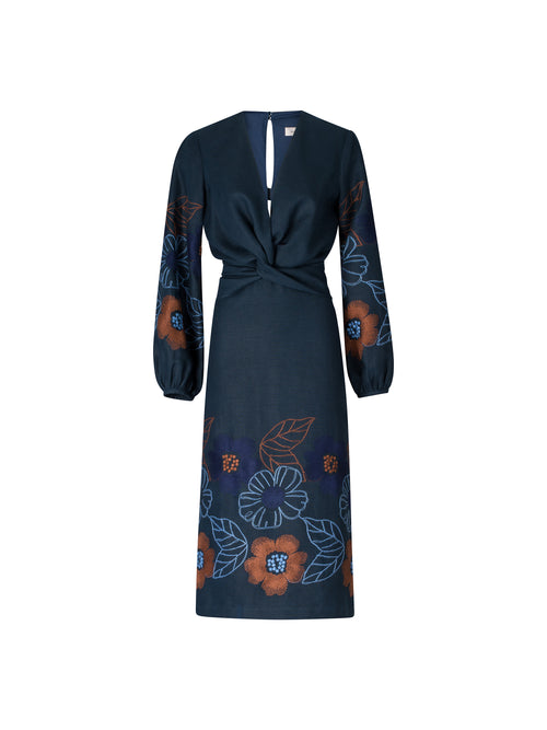 Vestido Laoise Navy Ochre Flower Embroidery