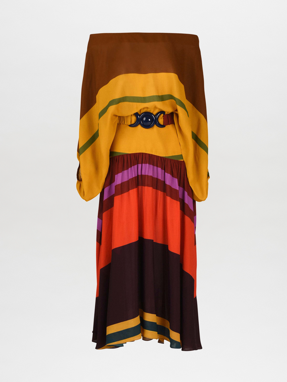 El Vestido Mariah Color Block Multi es una falda de cintura alta con bloques de colores marrón, amarillo, rojo, morado y naranja, un cinturón circular azul marino en la cintura y una silueta drapeada suelta.