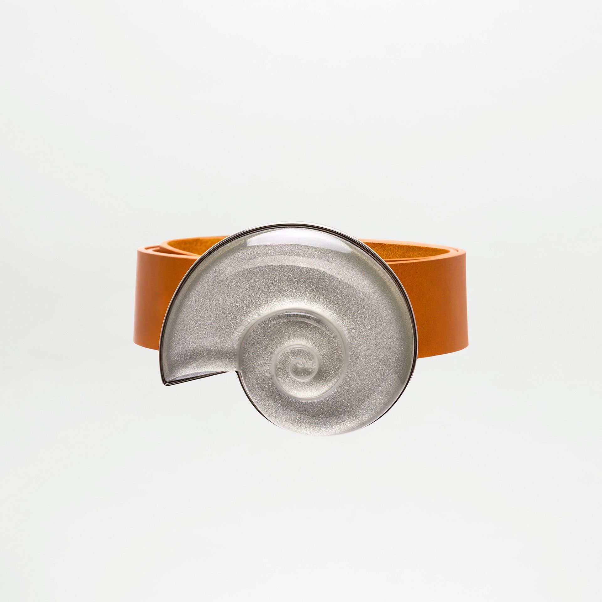 Cinturón Nautilus de piel marrón con una gran concha de nautilo metálica en forma de espiral en el centro, confeccionada en cuero italiano sobre un fondo blanco liso.