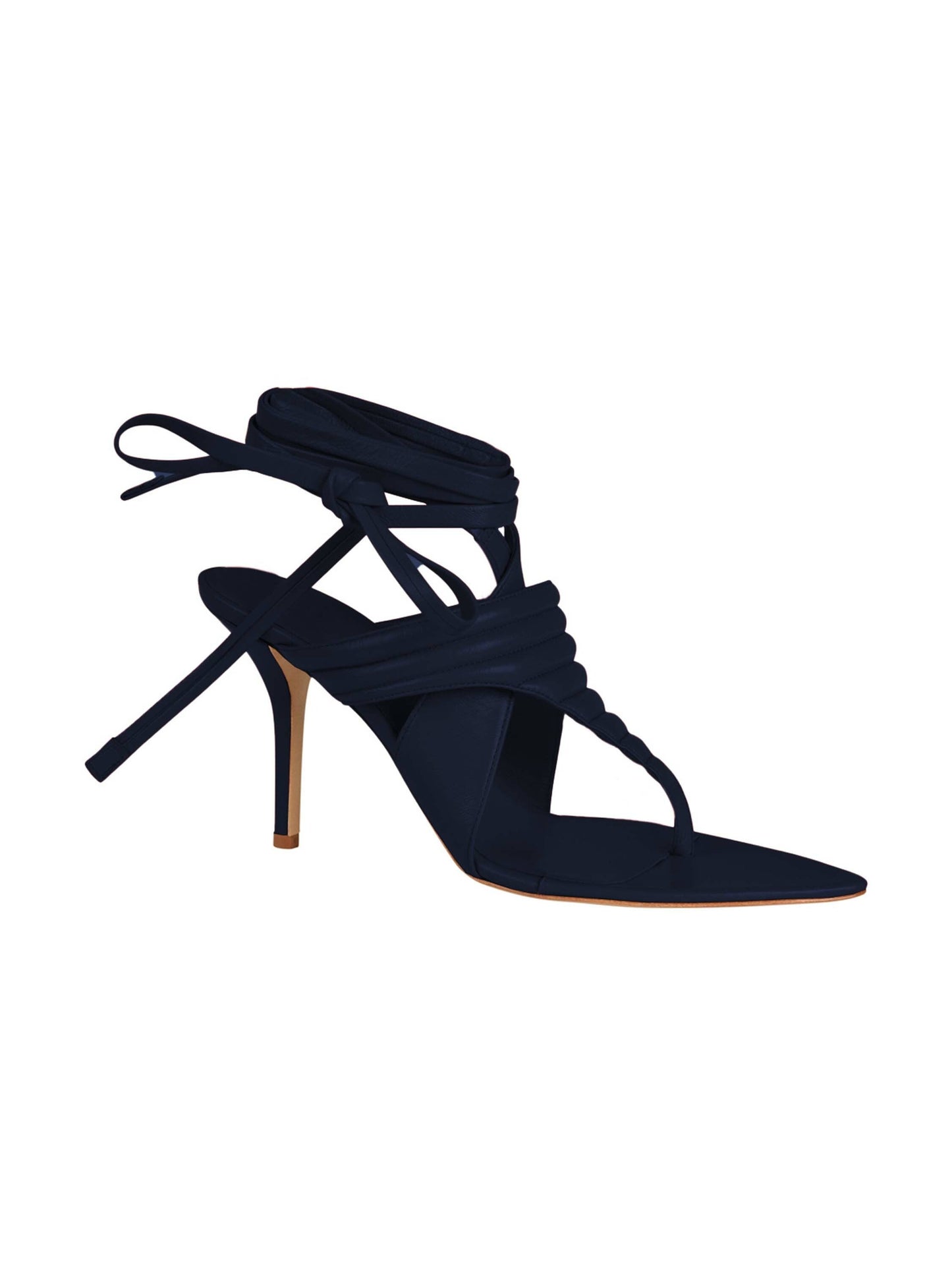 A Dalila Heels Navy high-heeled sandal with straps that wrap around the ankle, crafted from Italian calf leather, isolated on a white background.