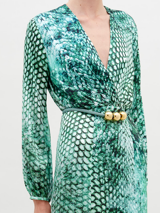 Una persona lleva el Vestido Remy, un vestido largo de seda verde con estampado de serpiente, escote en V profundo y mangas largas. Presenta una elegante silueta de columna y está ceñido con un cordón verde adornado con tres esferas metálicas doradas.