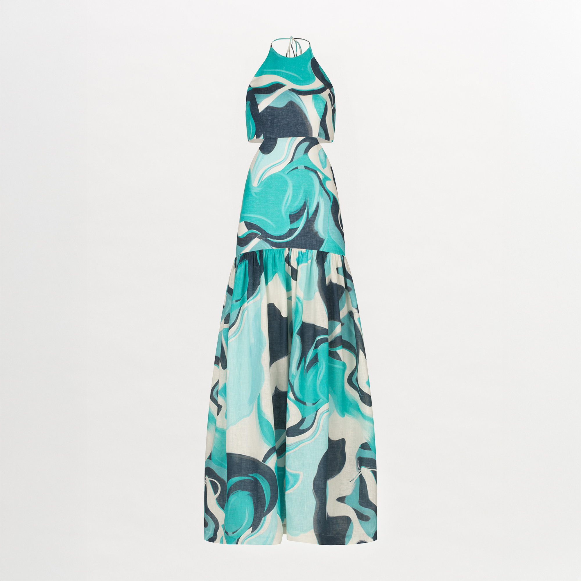 El Vestido Rosalia es un vestido maxi sin mangas con escote halter y estampado abstracto en azul, verde azulado, negro y blanco. Confeccionado en lino transpirable, presenta un corpiño ajustado y una falda fluida con capas para un estilo informal.