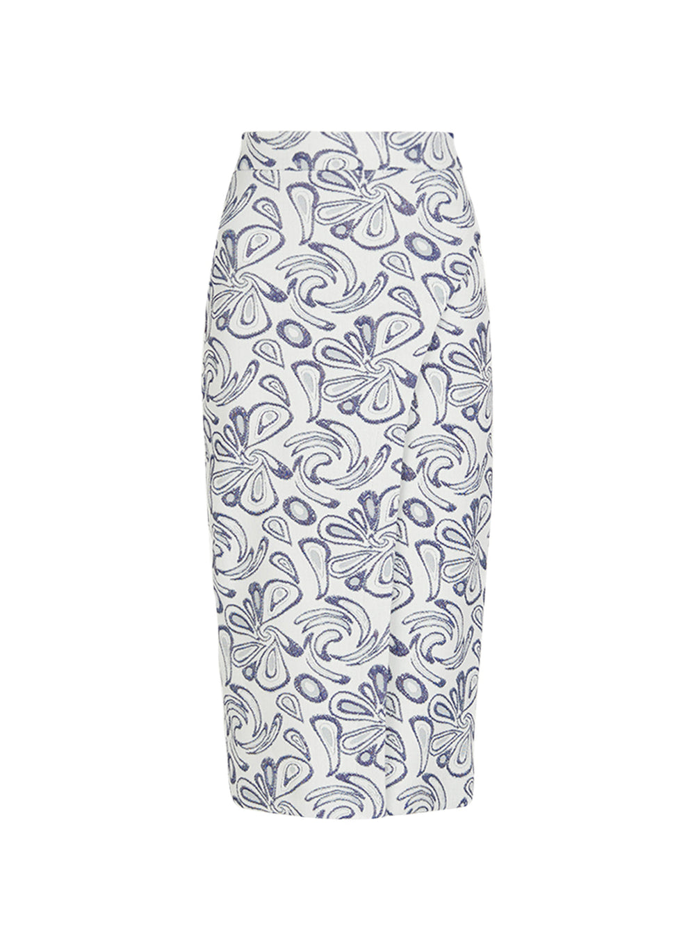 La Falda Thora Navy Swirls es una falda tubo midi de gabardina blanca con un estampado floral abstracto en azul y gris sobre un fondo blanco liso.