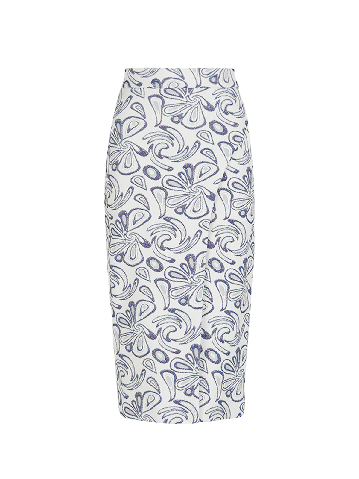 La Falda Thora Navy Swirls es una falda tubo midi de gabardina blanca con un estampado floral abstracto en azul y gris sobre un fondo blanco liso.