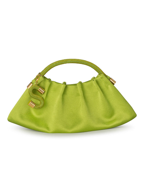 The ST Clutch Lime, a lime green handbag with a woven top handle and gold accents, including a chain adorned with decorative gold charms, will ship by August 19th.