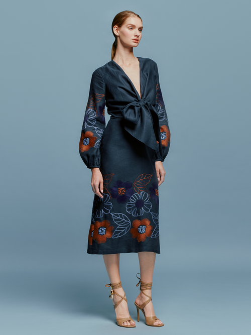 Vestido Laoise Navy Ochre Flower Embroidery